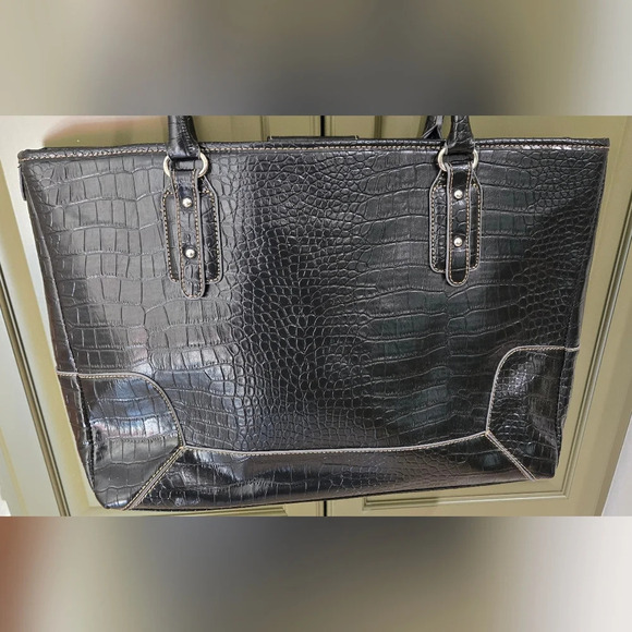NWOT black crocodile pleather shoulder tote briefcase bag - Picture 4 of 9